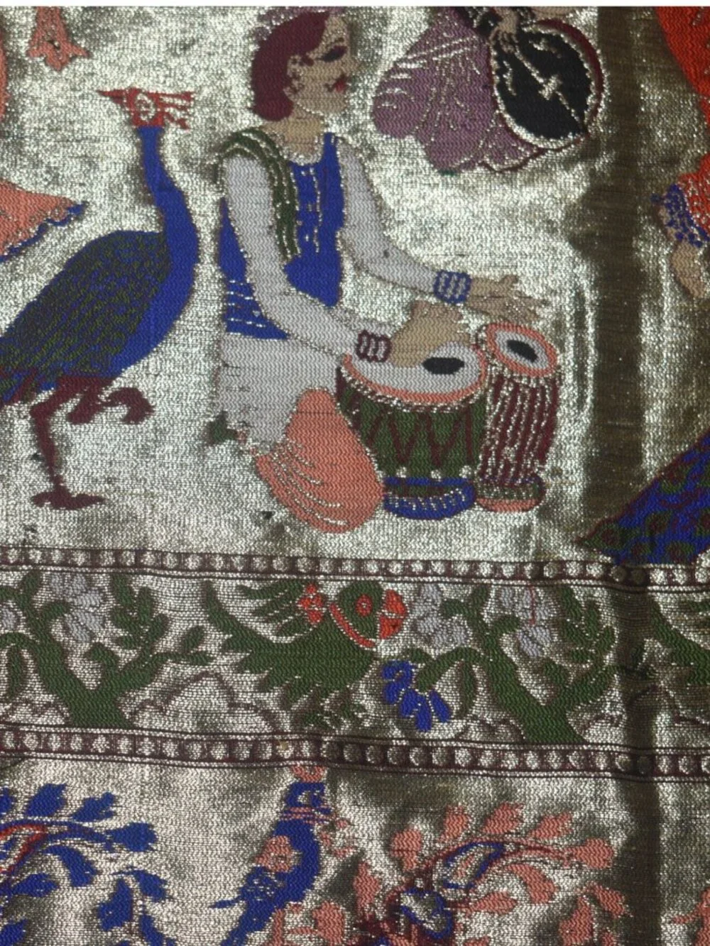 Indian Metallic Brocade Wall Hanging Tapestry Women Musicians Peacocks